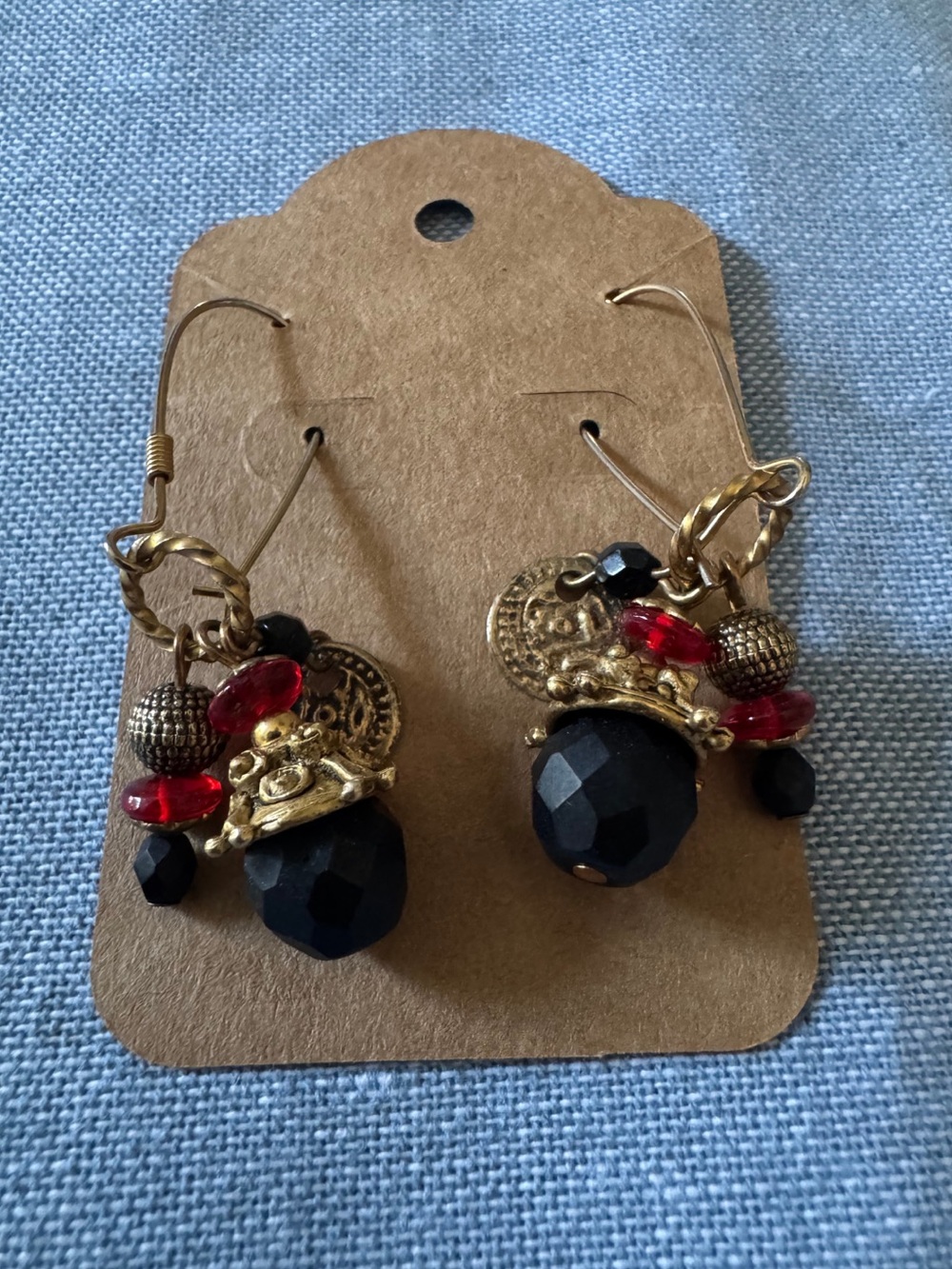 Artisan Charm Earrings Crown Coin Black & Red Beaded Dangle Earrings